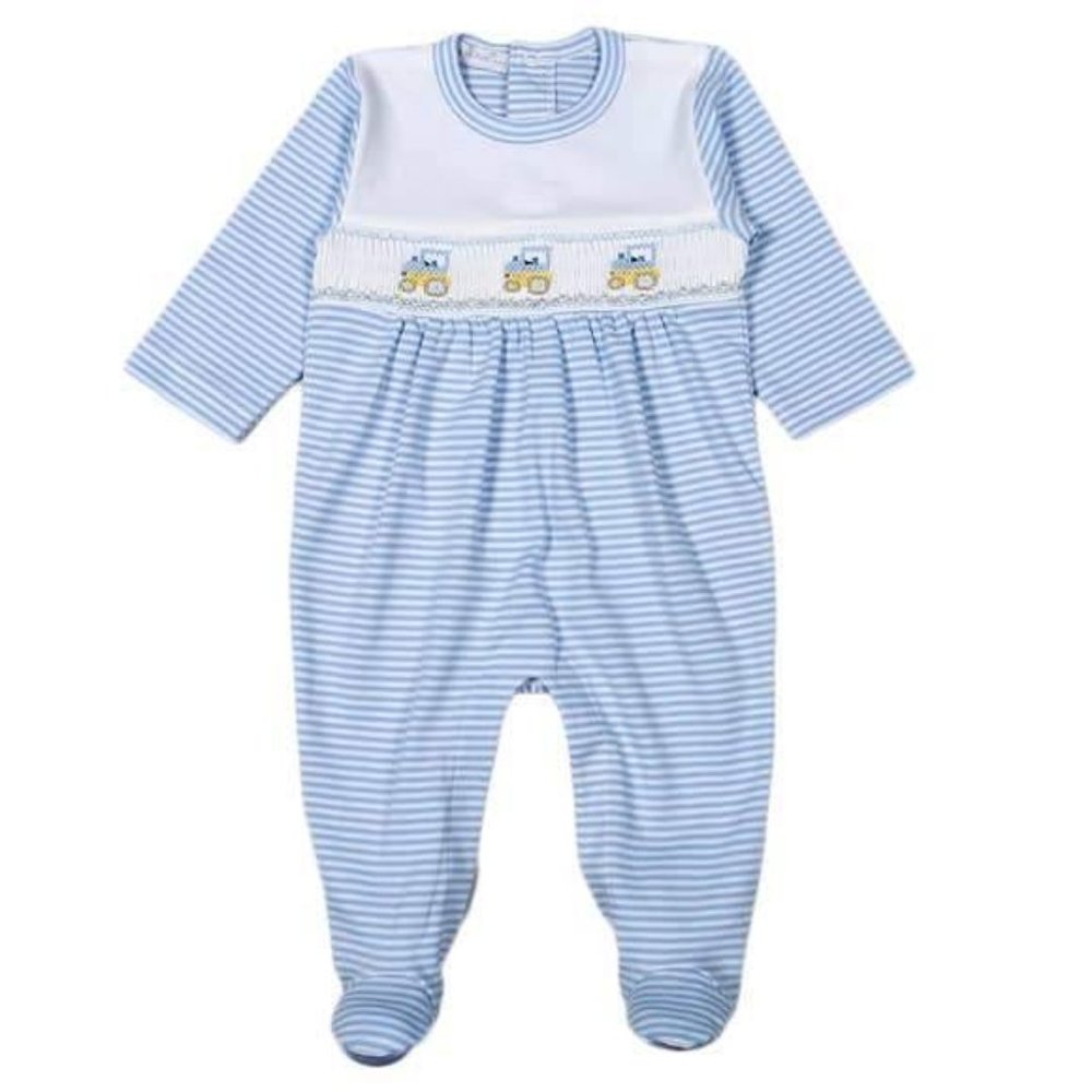 NWT Blue Tractor Hand-Smocked Pima Footie